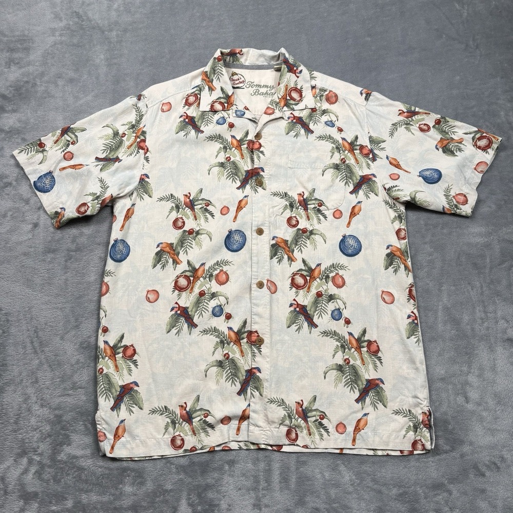 Tommy Bahama Christmas Ornaments Birds Tropical Silk Hawaiian Shirt Men's Small